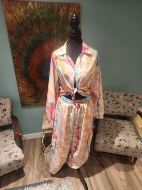 Vintage Pastel Geometric Printed Two-Piece Set